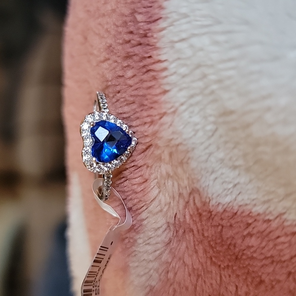 Blue Obsidian & Cubic Zirconia Platinum Over Silver Heart Halo Ring